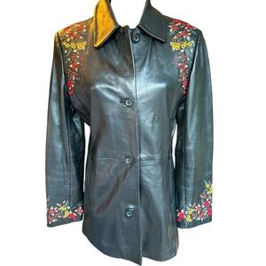 Black embroidered long leather jacket coat by Kasper. Size Medium